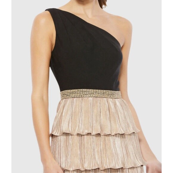 Ieena for Mac Duggal Dress 26541 Womens 4 One Shoulder Black Gold Layered  Gown - Picture 3 of 8